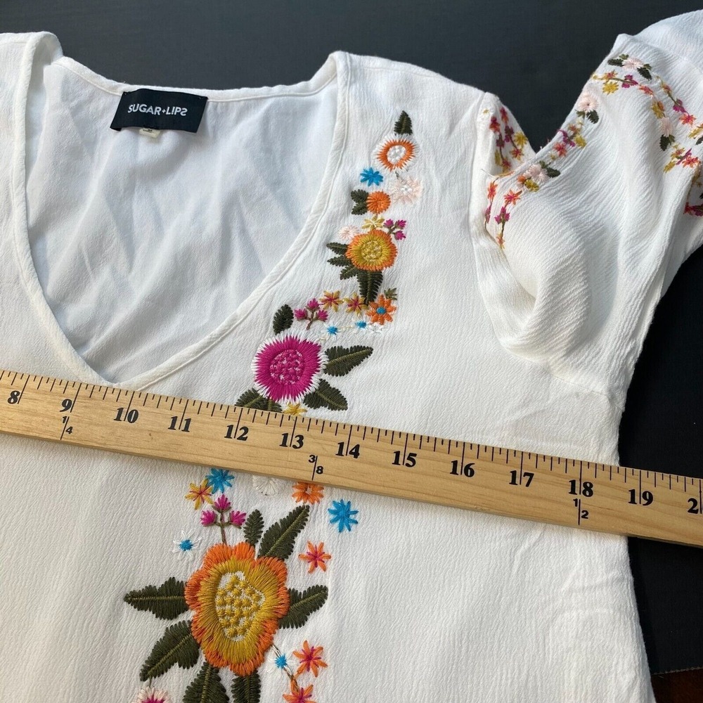 Womens Sugar Lips V Neck Floral Embroidered Lined Tunic Dress Bell Sleeve Sz M - Picture 8 of 16